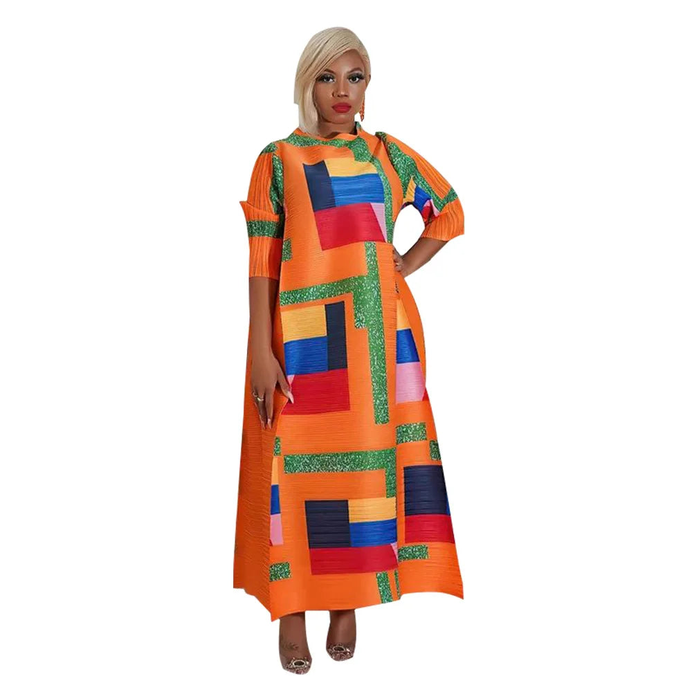 African Dresses for Women Summer Fashion Style African 3/4 Sleeve Polyester O-neck Pleated Dress Dashiki African Clothes Women