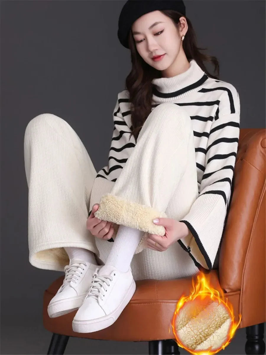 Thin/Thick Winter Lined Wide Leg Pants CasualThicken Warm Baggy Sweatpants Women HighWaist Korean Lamb Fluff Straight Pantalones