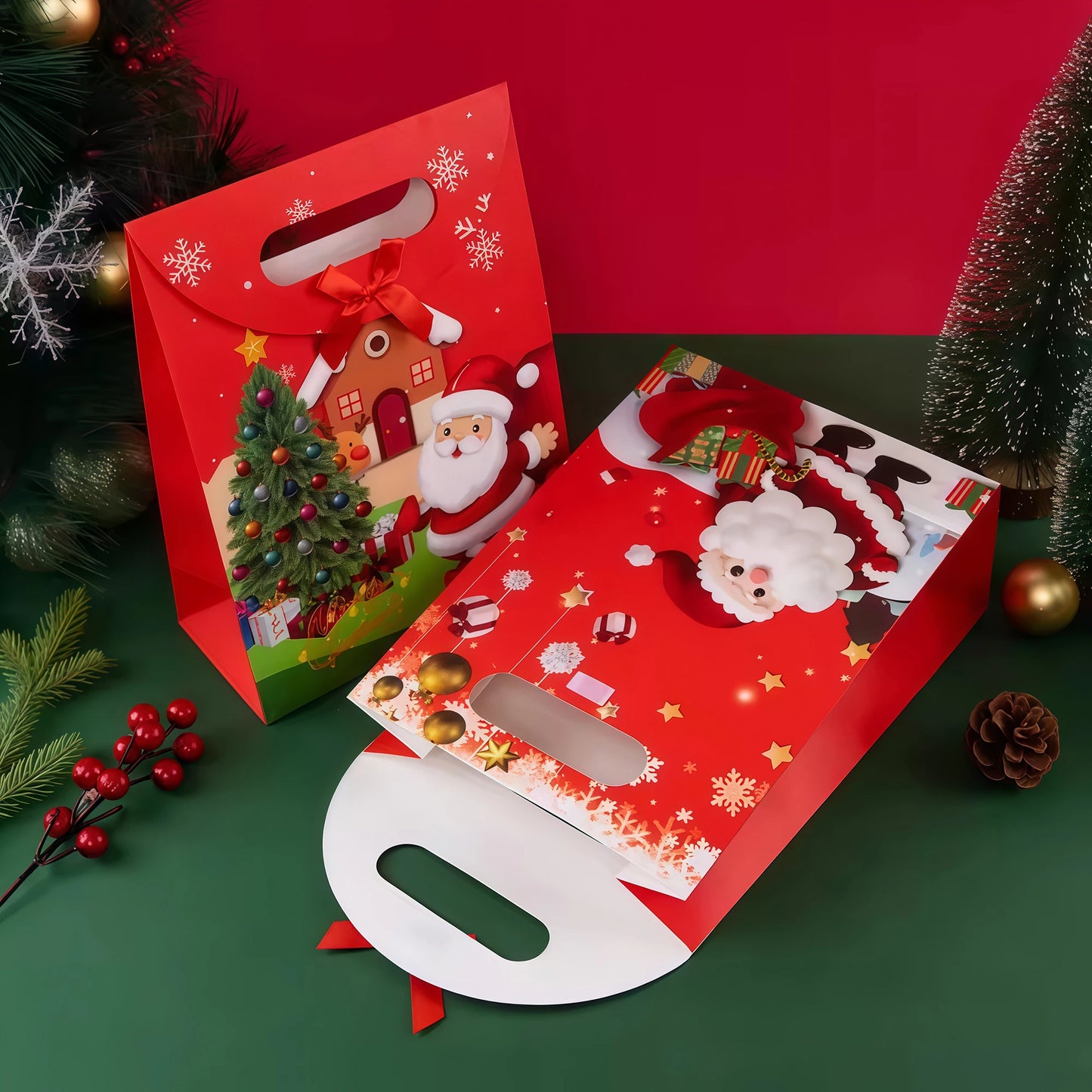 4pcs/12pcs Christmas Paper Red Bag With Ribbon Candy Gift Bags Wrapping Chocolate Desserts Snack Spring Festival Suppily