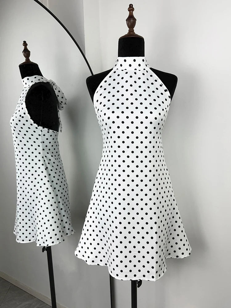 Talenza Polka Dot Mini Dress For Women Summer Off Shoulder Sleeveless Backless Halter Dress Female Elegant Party Slim Dress 2025