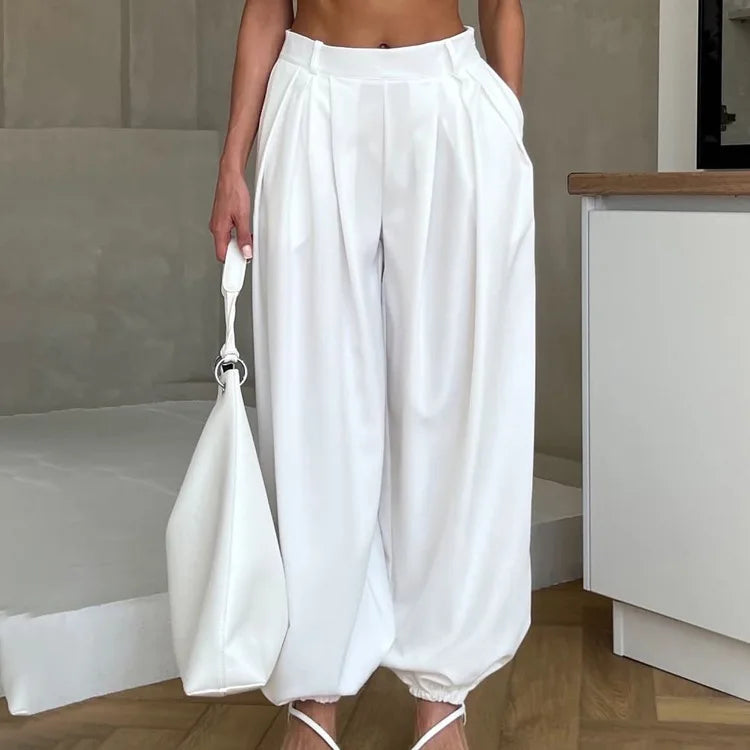 Women's Simple and Versatile Loose Leggings New Hot-selling Design Pleated High-waisted White Casual Pants