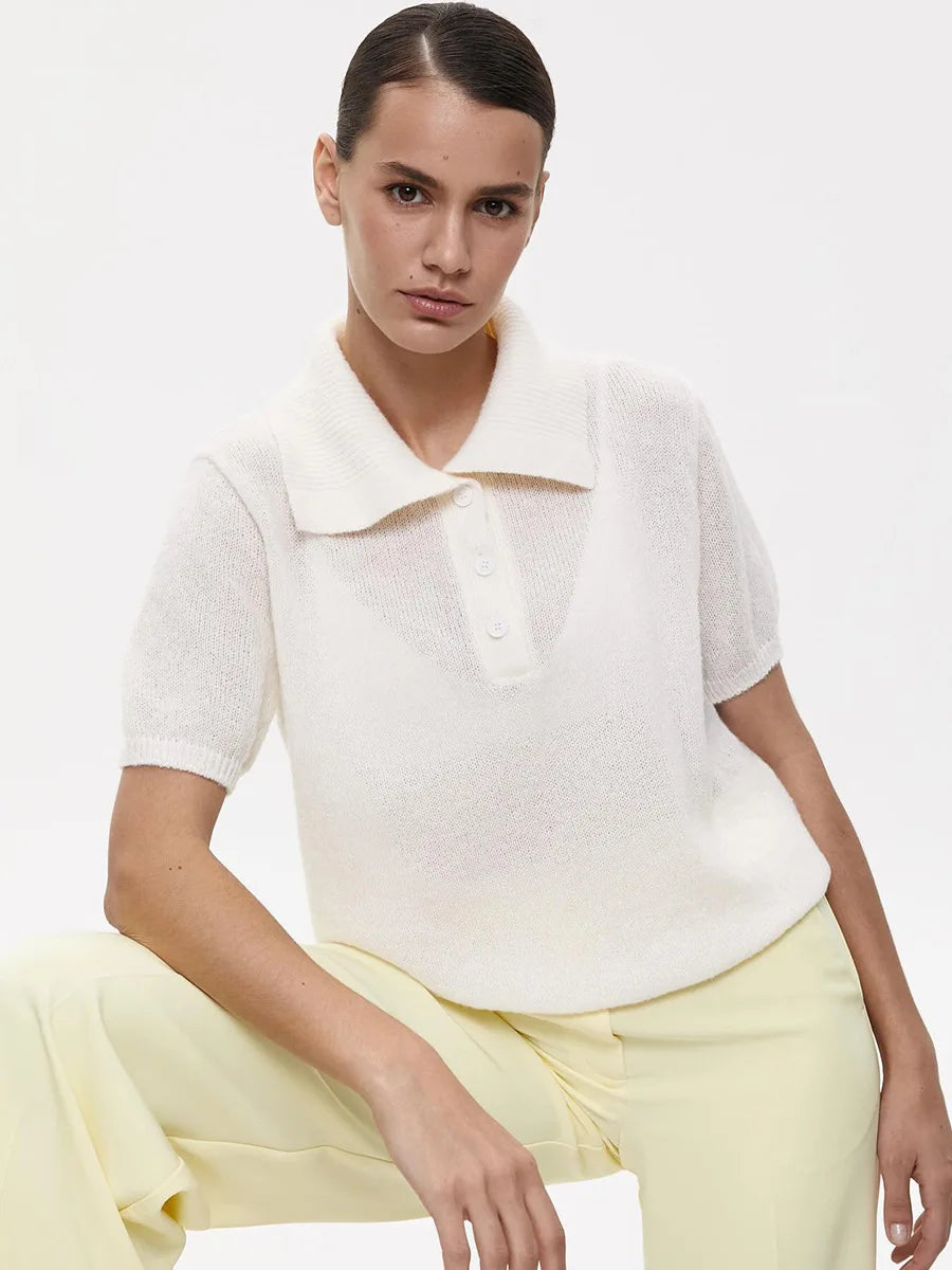 Bronladies Women's Polo Hollow Knitted Short Sleeved Sweater Spring Summer Bubble Sleeve T-shirt Female Simple Knitted Sweater
