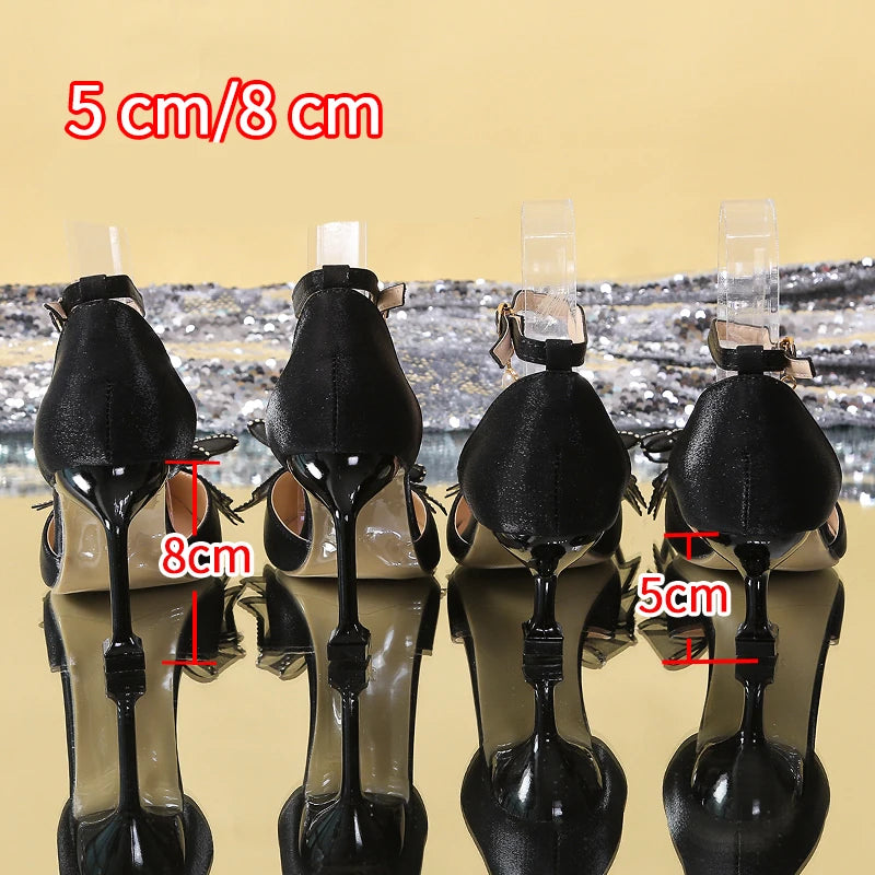 Rimocy Sexy Thin Heels Ankle Strap Pumps Women Lace Bowknot Wedding Party Shoes Woman Elegant Pointed Toe Silk High Heels Shoes
