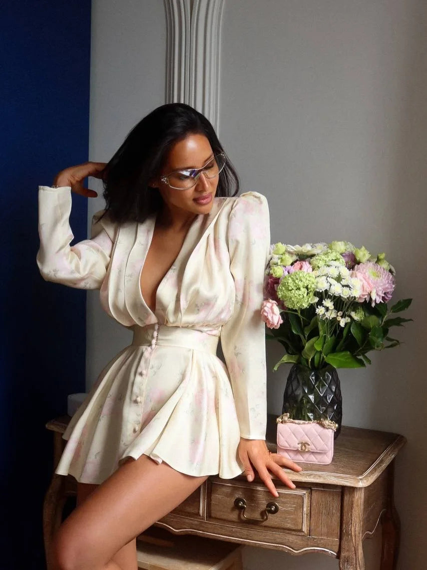 Elegant Floral Printed Waist-cinched Mini Dress Women Pleated Deep V-neck Long Sleeve Button-front Dresses Fashion Party Robe