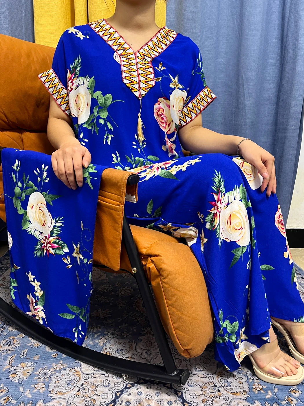 Abayas For Women 2023 Dubai  Fashion Printed Flower Cotton V-neck Slim Fit Short Femme Robe African Woman Dresses With Headscarf