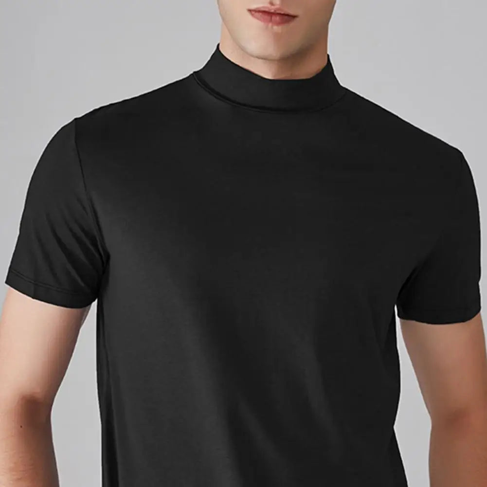 Summer Casual Short Sleeve T-shirt For Men Half High Collar Slim Fit T-shirt Solid Color Elastic Thin Pullover Tee Shirt