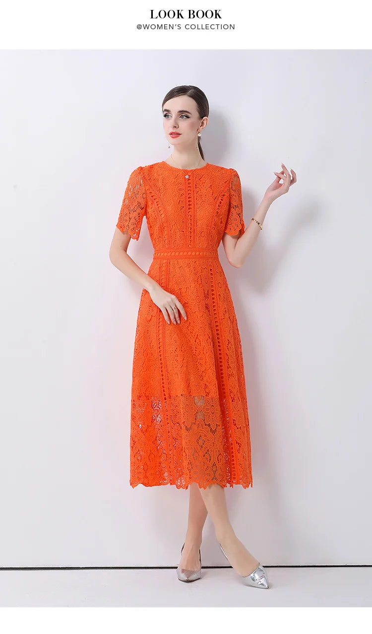 SMTHMA Vintage High-End O-Neck Short Sleeve Lace Hollow Out Dress For Women's Summer Slim Elegant Long Dress Female Clothing