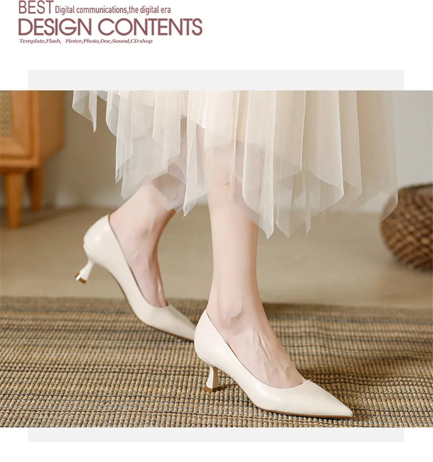 Soft Leather Concise Ladies Office Shoes 2026 Spring Shallow Comfort 6.0cm High Heels Women Pumps Dress Pointy Toe Wedding Shoes