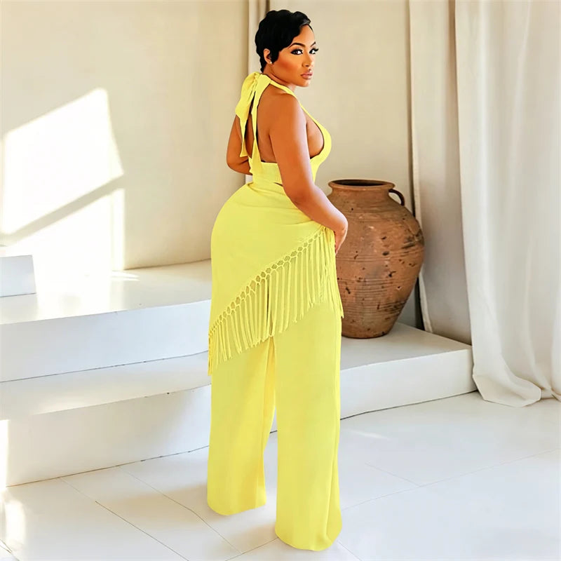 Sexy Two Piece Sets Woman Festival Outfit Birthday Club Party Bandage Halter Backless Crop Top and Tassel Pants Matching Sets