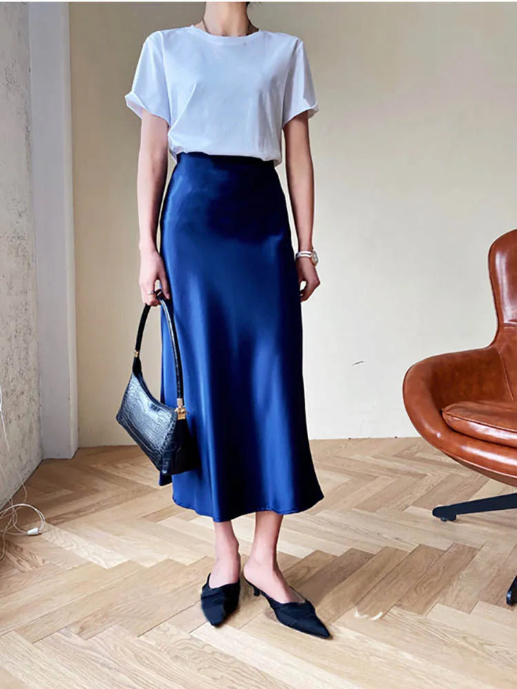 Elegant Women's Skirts High Waist Silk Satin A-line Skirt Lady Fashion Solid Color Purple Long Skirts for Women Fashion 2026