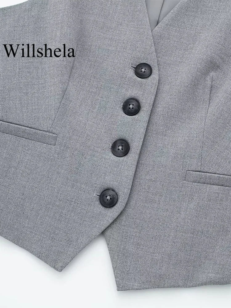 Willshela Women Fashion 2 Piece Set Grey Single Breasted V-Neck Vest & Vintage High Waist Shorts Female Chic Lady Shorts Set