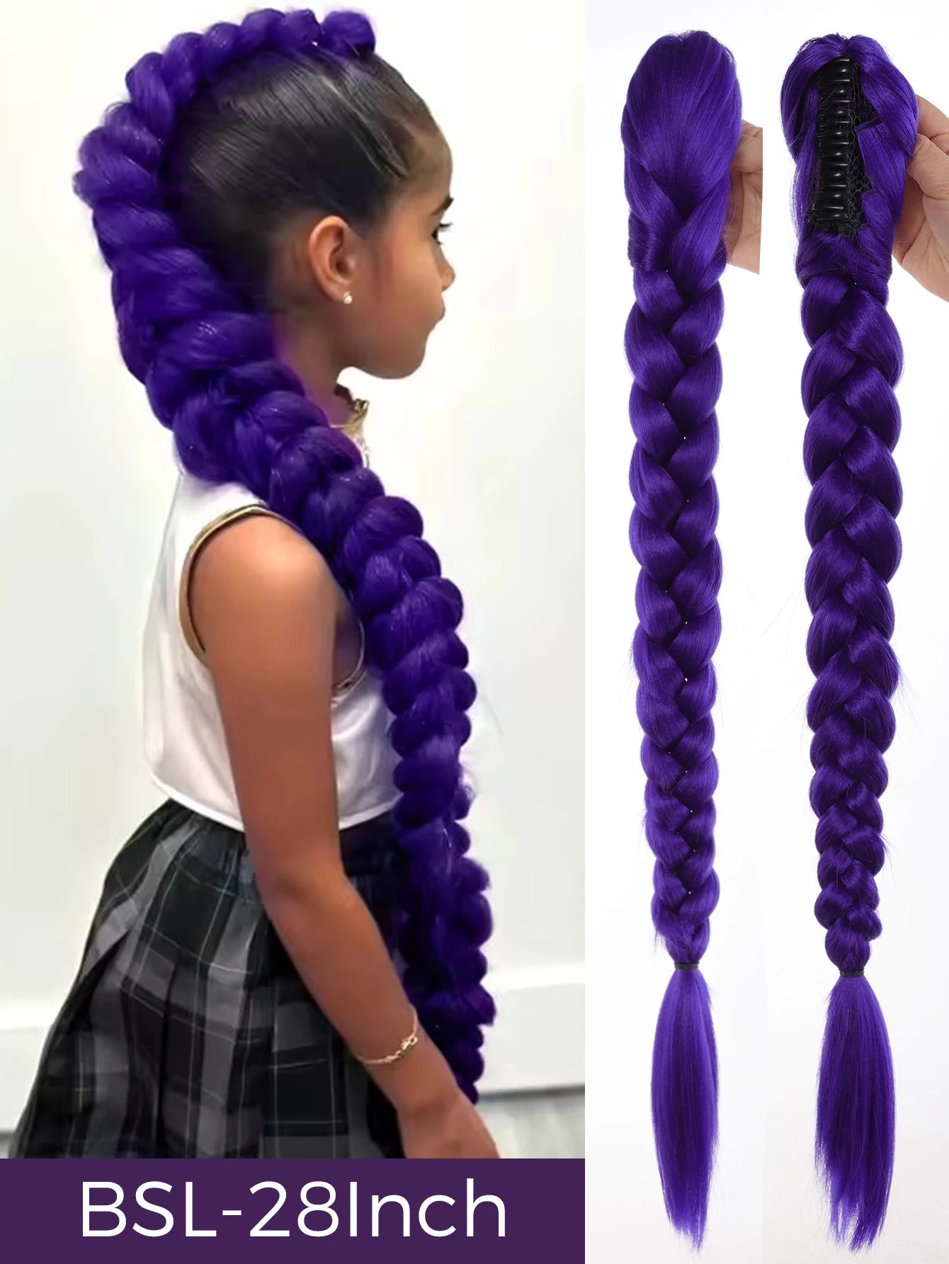 Synthetic 26inch Long Ponytail with Clips Braided Purple Hair Ponytail Rumi Costume Hairstyle for Kids Girls Halloween Christmas