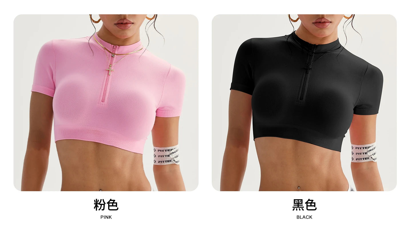 Seamless Yoga Crop Top Women Half Zip Mock Neck Short Sleeve Sports T-shirt Gym Workout Top Slim Fit Fitness Tights Sportswear
