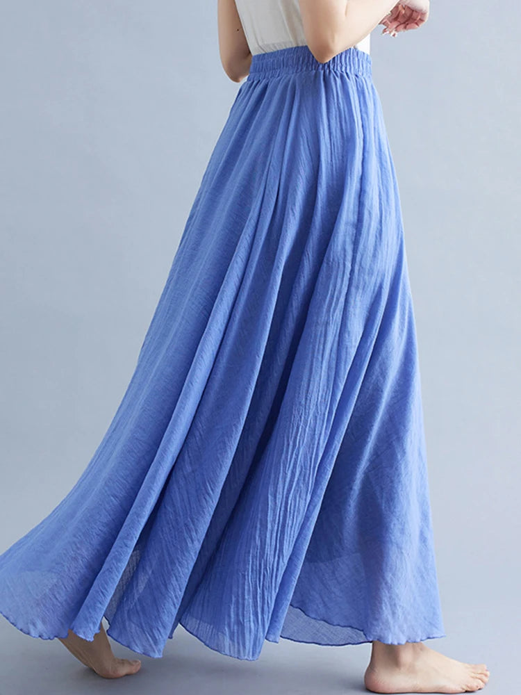 New 2020 Women Linen Cotton Long Elastic Waist Pleated Maxi Skirt Beach Vintage