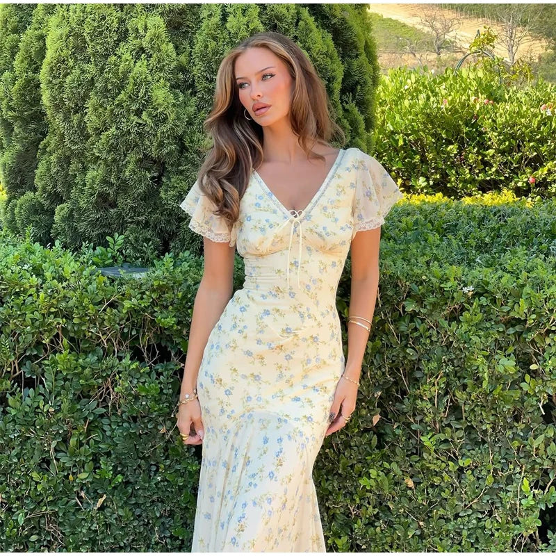 Chic Floral Puff Sleeve Women Maxi Dress Sexy V Neck Button Down Ruffle Slit Vestidos 2026 Summer New Lady Daily Party Sundress