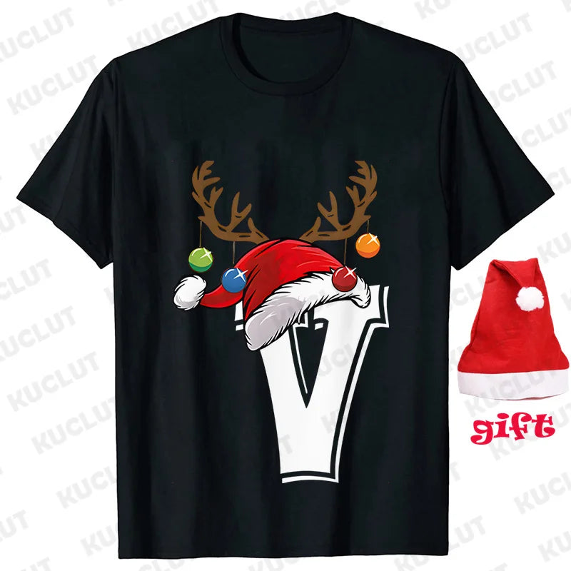Funny Christmas Party Tshirt Fashion Women T Shirt Tops Short Sleeves T-shirt 26 A~Z Alphabet Casual Tees with Santa Hat Gift