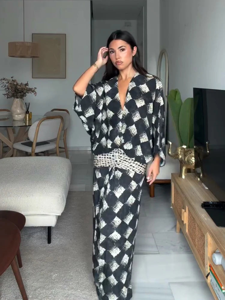 Elegant Plaid Printed Women's Dress V-neck Batwing Sleeve Waist Cinching Long Dress 2026 Spring Summer Casual Holiday Lady Robes