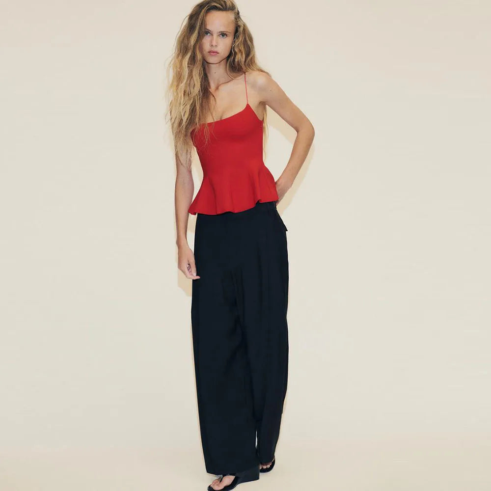 Women's Casual Blouse - Spring/Summer Style. Elastic Shoulder Straps. Round Neckline. Sexy Design. Slim Fit. Valentine's Day Sty