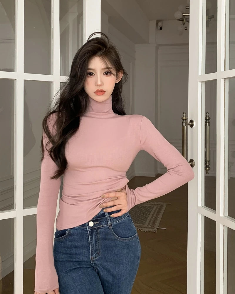 Warm Fce Lined High Collar Long Sve Base irt Women's Faionable Retro Versatile High Ne Base irt Trendy Commute ...