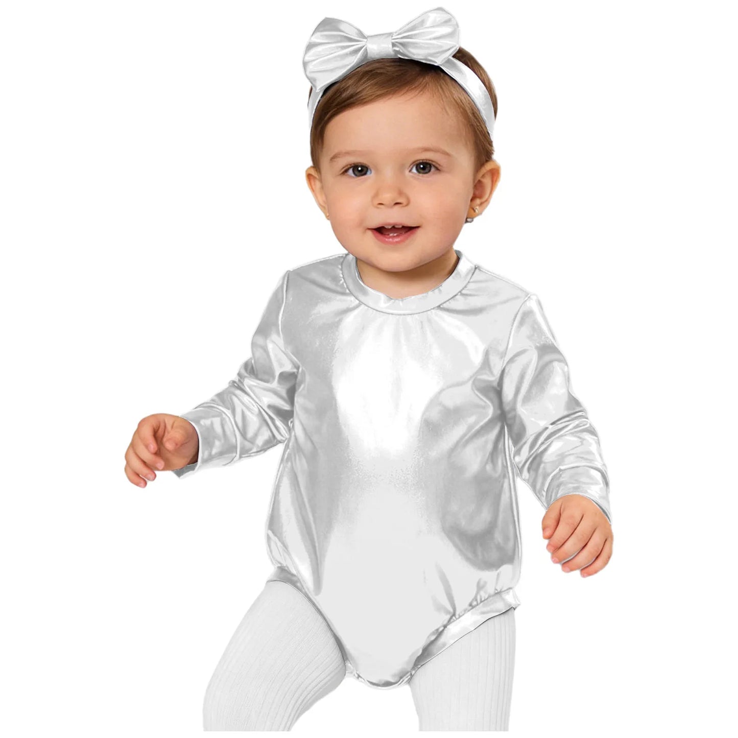 Baby Girls Long Sleeve Metallic Shiny Buttons Crotch Romper with Bow Headband Birthday Theme Party Photography Outfit Daily Wear