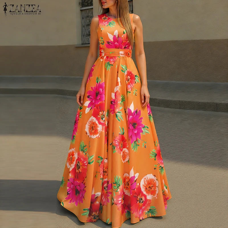 ZANZEA Women Floral Printed Bohemian Sundress 2026 Summer Tank Dress Fashion Sleeveless Waisted Robe Casual Party Maxi Dresses
