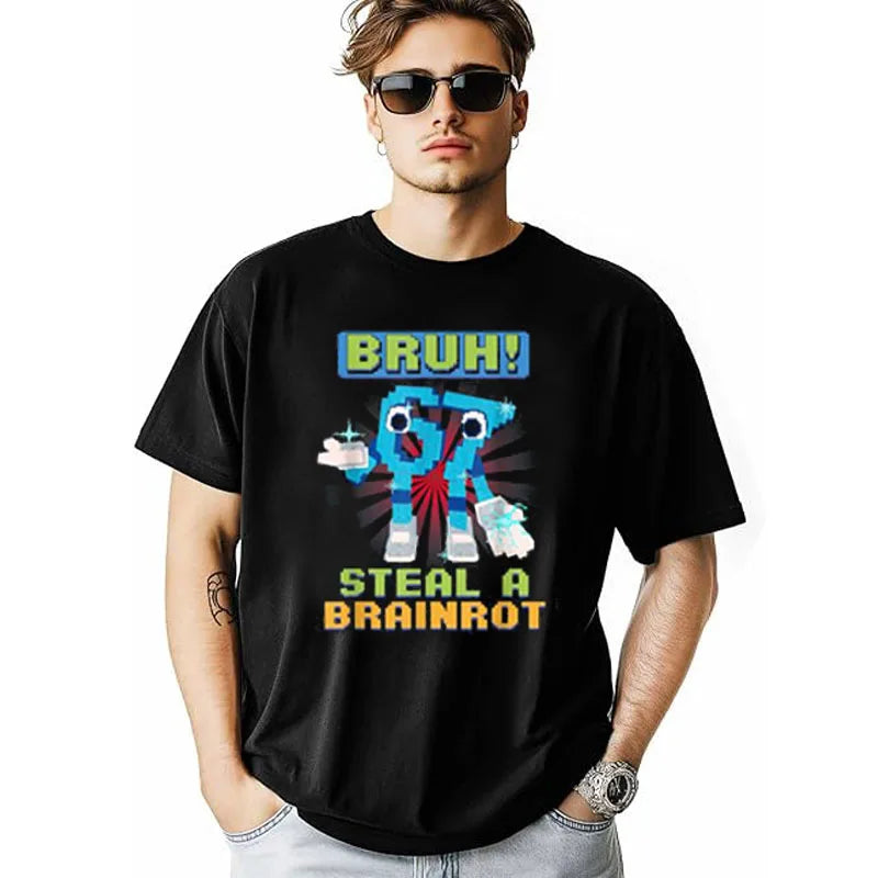 Bruh 67 Meme Steal A Brainrot Pixel T-Shirt Chaotic Humor Y2k Gaming Saying Tee Novelty Gift Boys Fashion Short Sleeve Blouses