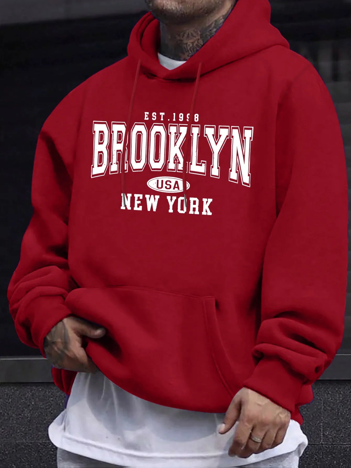 Men's autumn and winter casual fashion loose Brooklyn New York letter printed long sleeved hooded sweatshirt warm pullover BAZAARHUBO