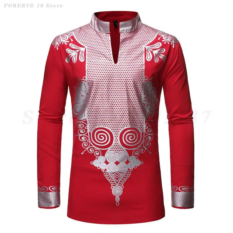 Men's Shirts Fashion Long Sleeve African Turkish Chieftain Print Robe Male Casual Blouses Traditional Ethnic Style Muslim Shirts