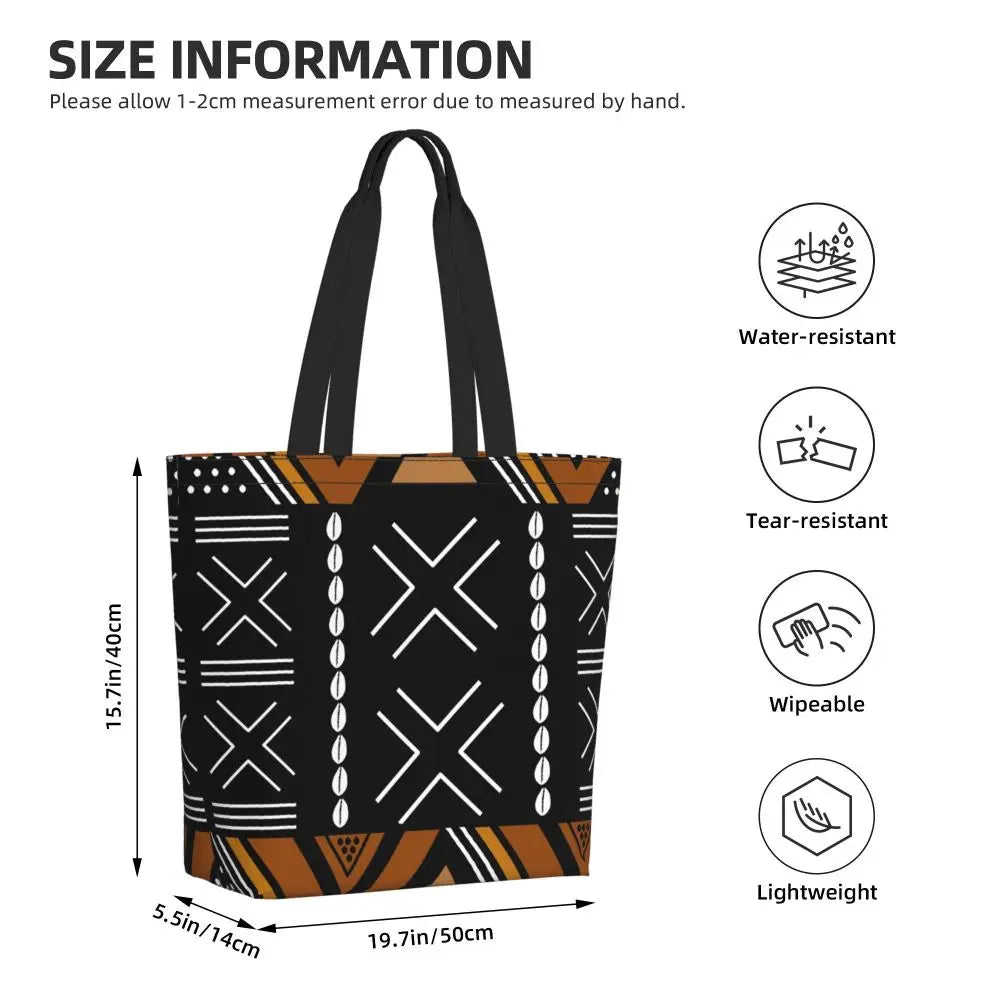 African Ankara Prints Grocery Shopping Tote Bags Women Geometric Ethnic Art Canvas Shoulder Shopper Bags Big Capacity Handbag