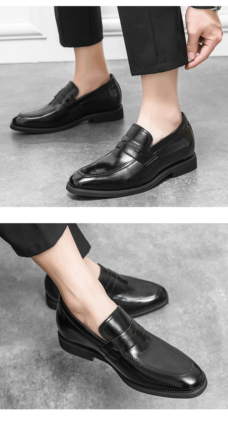 New Men Leather Shoes Height Elevator Shoes For Men Luxury Dress Shoes Slip On Business Comfortable Increase 6cm Wedding Loafers