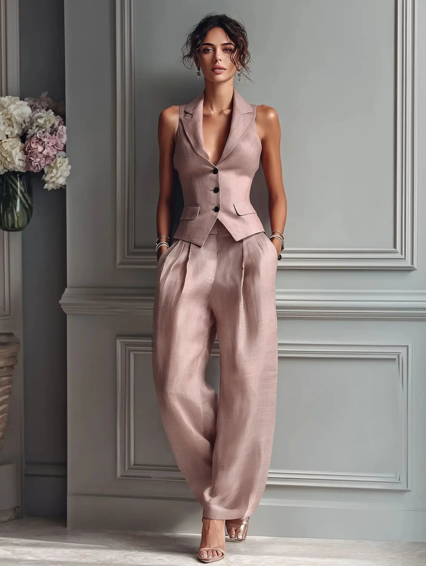 Summer New Fashion Single-breasted Sleeveless Top + Trousers 2-piece Set Women's 2026 Slim Vest Suit Collar Trousers Office Suit