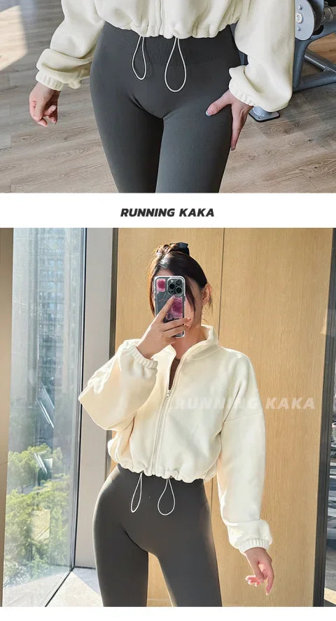 Women Loose Cropped Jacket Loose Zipper Sweatshirt Y2k Long Sleeve Coat Cardigan Sportswear Streetwear Drawstring Tops Clothing