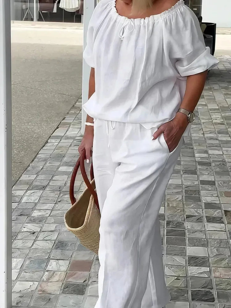 Fashion Casual Woman 2 Piece Set Outfit New Spring And Summer Women's Loose Drawstring Round Neck Top And Pants Two-piece Set