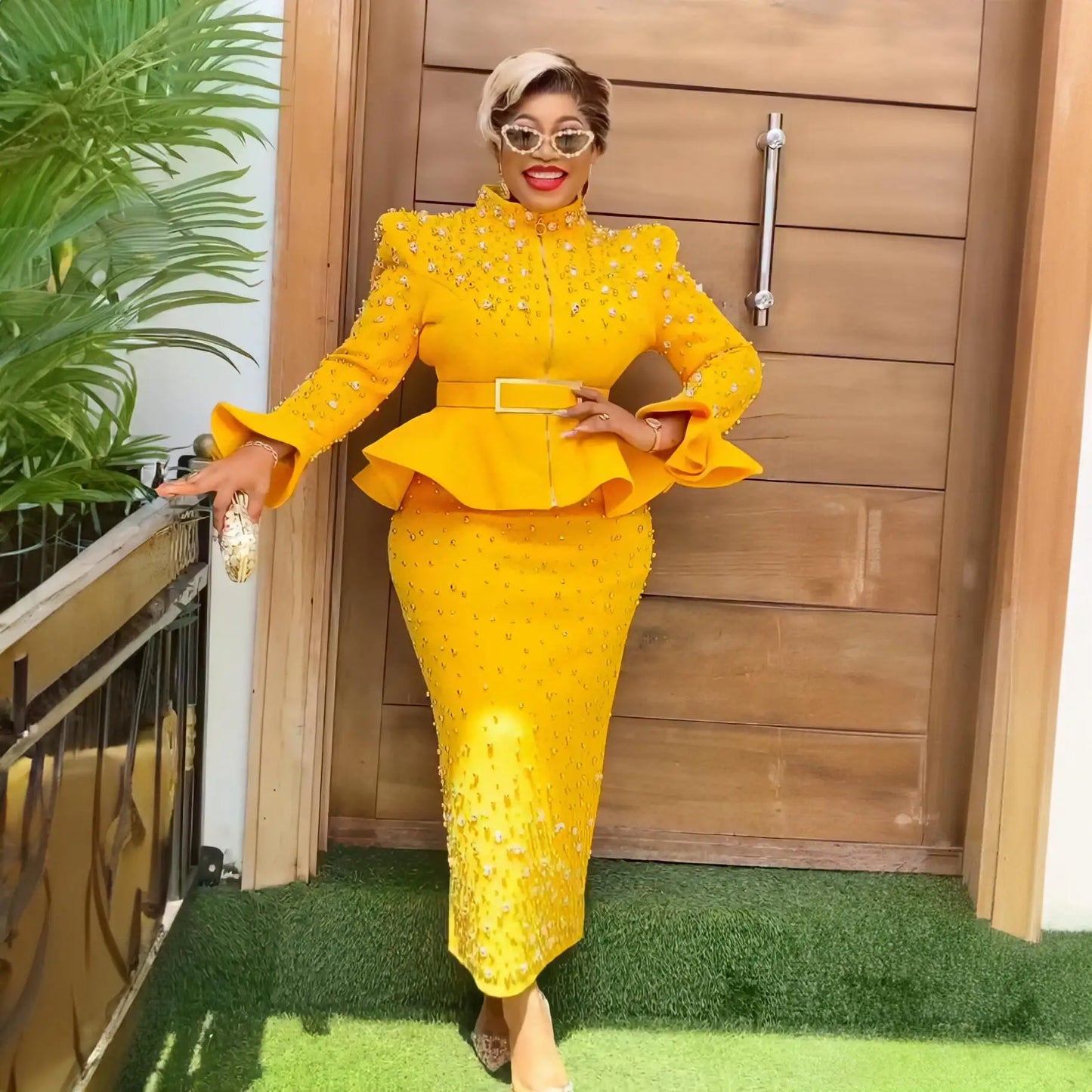 Fashion Suit African Dresses for Woman Rhinestone Turkey Dresses for Women Luxury High Quality Mesh Fabric African Beaded Dress