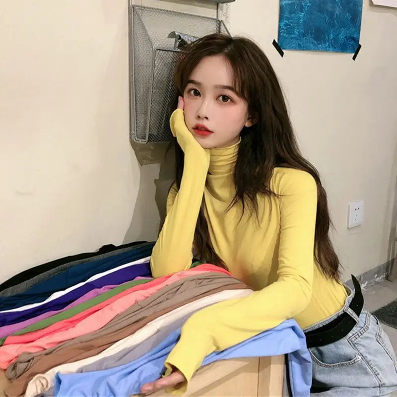 YSZWDBLX Women T-shirts Autumn Winter Modal Bottoming Shirt Warm Turtleneck Inner Wear Korean Casual Slim High Strecth Tops