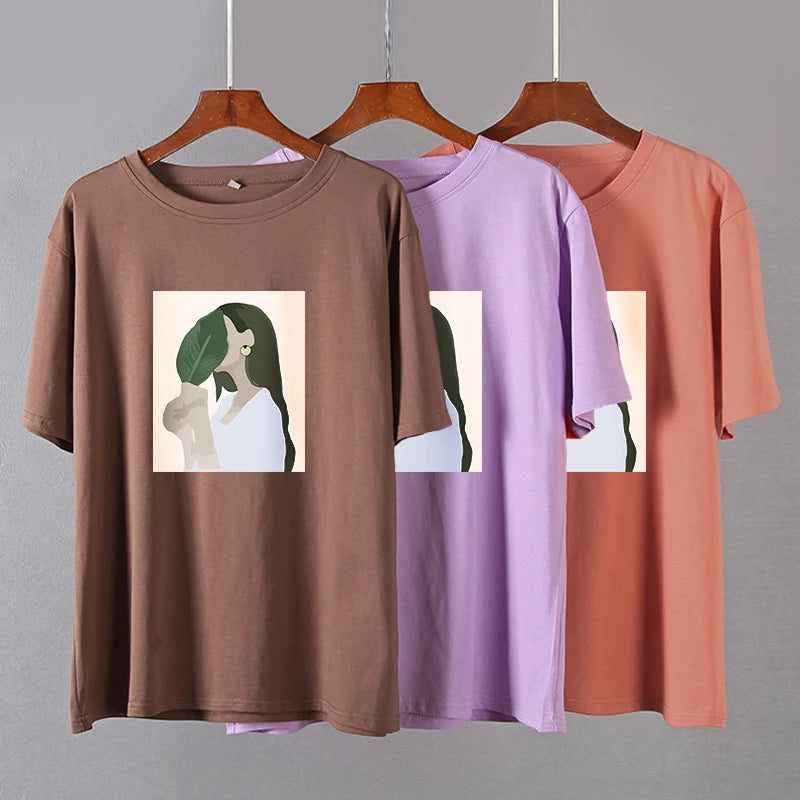 Hirsionsan Harajuku Printed T Shirt Women 2023 Summer Chic Tees 100% Cotton Elegant Graphic Clothes Loose Casual Pullover Tops