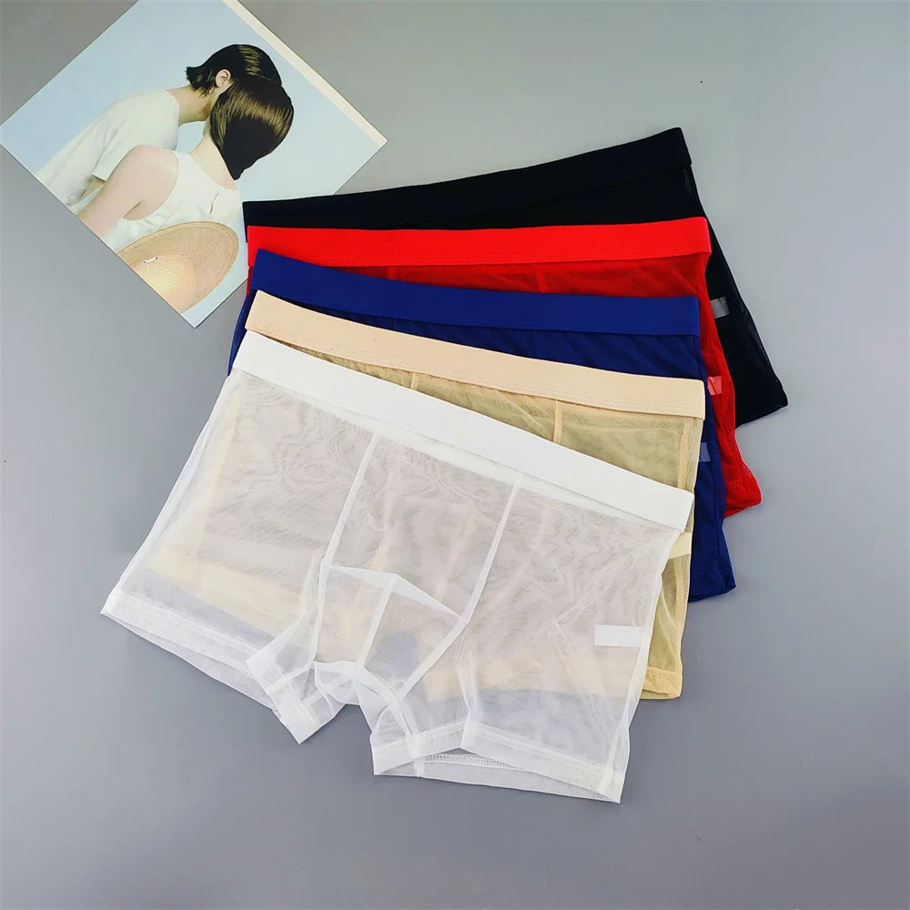 Transparent Mesh Plus Size Boxers Underwears Men Perspective Bulge Pouch Shorts Low Waist Male Panties Lingerie Intimates