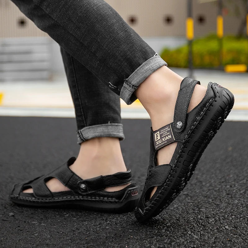 Men Soft Leather Sandals Breathable Comfort Daily Beach Big Size 45 46 Outdoor Slippers Open Toe Non-Slip Casual Summer Footwear