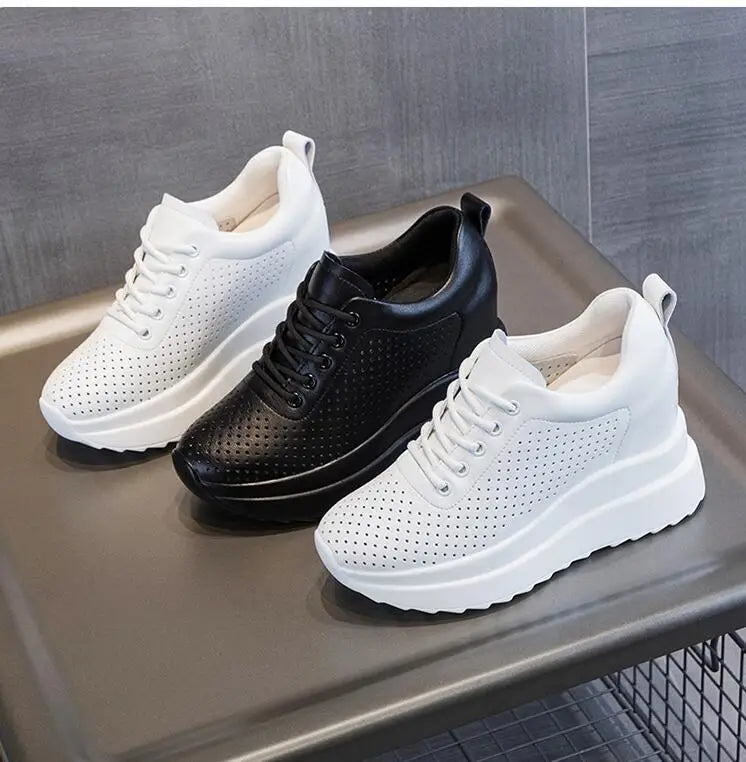 10cm Genuine Leather Women Vulcanize Women Summer Hidden High Heels Platform Wedge Spring Autumn Chunky Sneakers Shoes