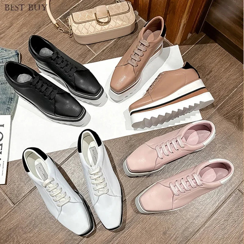 New beige Women Platform Casual Shoes 2024 Spring Black Casual Chunky Sneakers Women Real Leather White Height Increasing Shoes