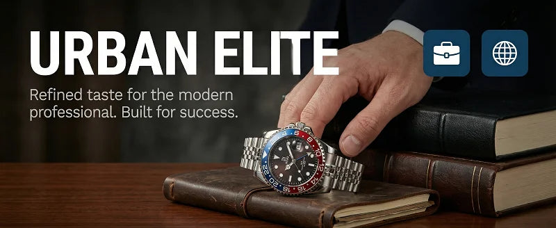 Men's GMT Style Quartz Watch, 3ATM Waterproof Stainless Steel Band, Black Blue Bezel Luminous Wristwatch with Date Display