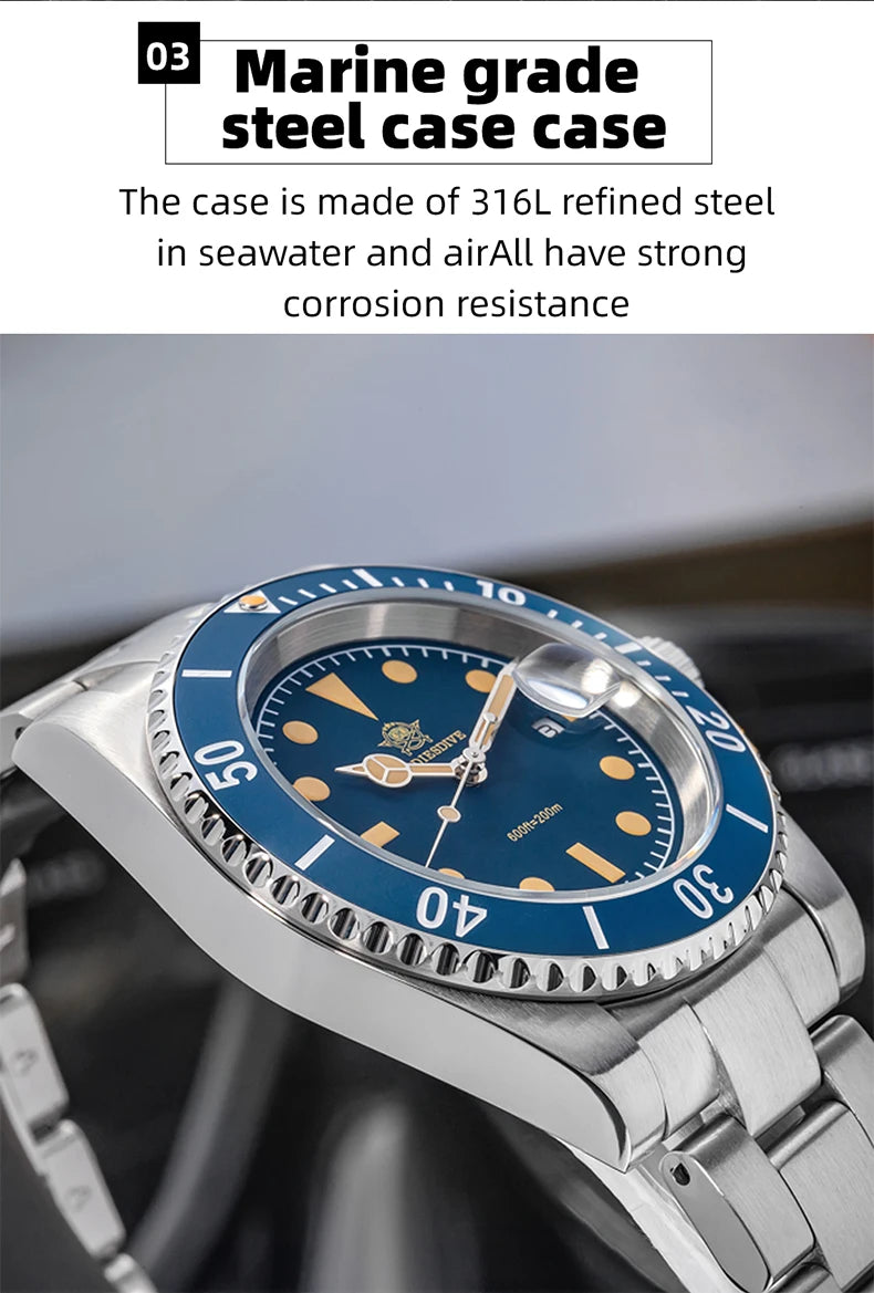 ADDIESDIVE Luxury Quartz Watch For Men Stainless Steel 20Bar Waterproof Dive Super Luminous AD2054 Fashion Watches Reloj Hombre