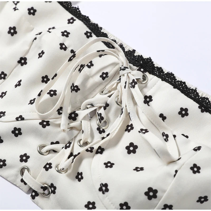 Elegant Female 2 Piece Skirt Set Polka Dots Printed Suit Cropped Short Sleeves Square Neck Top Slit High Waist Skirt Vintage Set