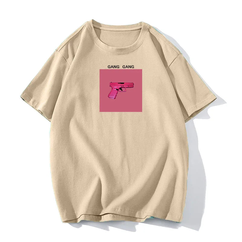 Hirsionsan 100% Cotton Pink Print T Shirt Women 2024 Summer New Basic Vintage Tee Casual Loose Chic O Neck Female Couple Tops