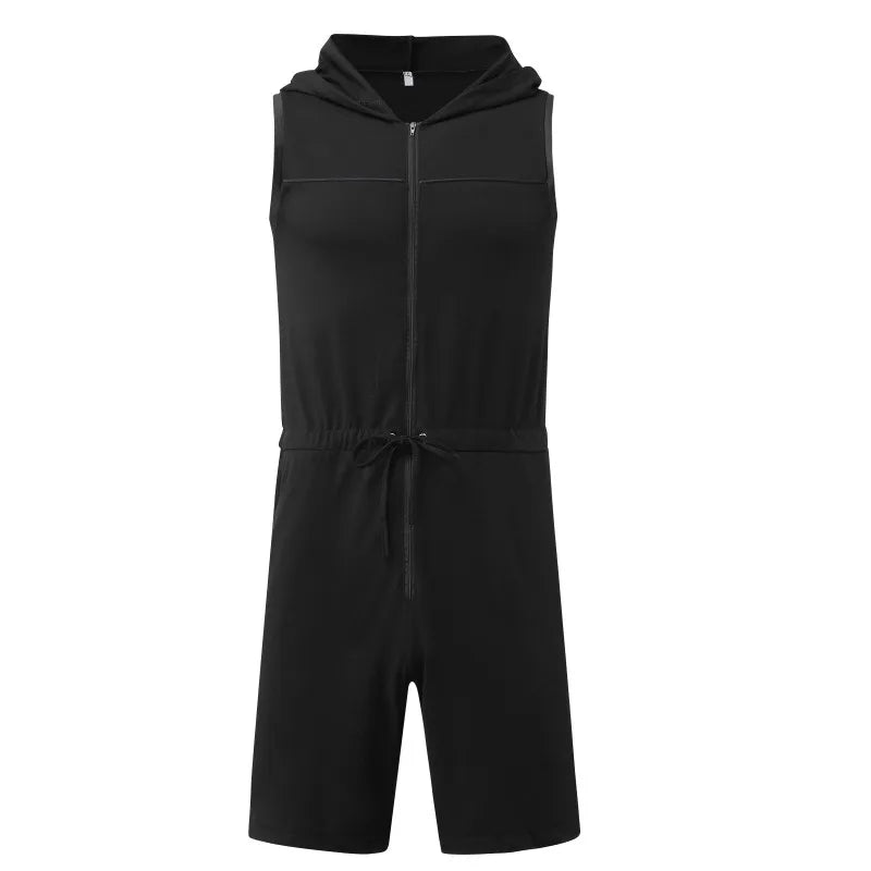 Men Short Jumpsuit Tight Sleeveless Bodysuit Zipper Hooded Rompers Short Pants Casual Home Wear Tracksuit Pajamas
