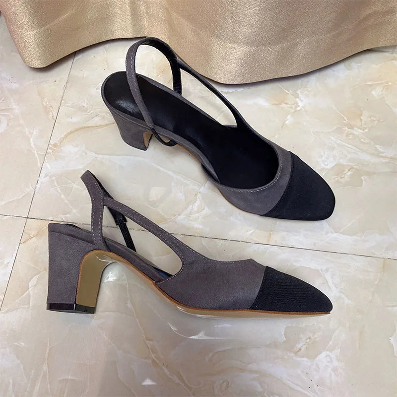 2023Spring Autumn Fashion High Heels Sandals Women's Dress Square Toe Slingback Shoes Women's Color Block Back With Flat Sandals