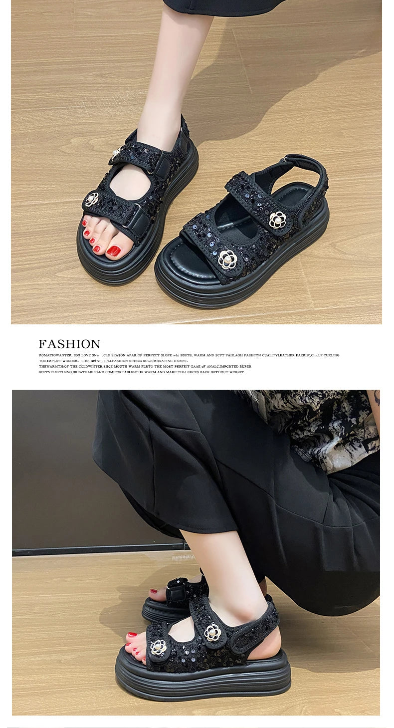 Women's Platform Sandals Handmade Leather Rubber Bottom Flat Sandals Metal Decorative Element Summer Casual Ladies Outdoor Shoes