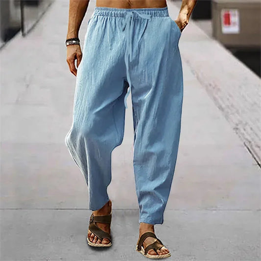 2026 Men Cotton Linen Pants Summer and Autumn Solid High Waist Wide-Leg Trousers Male Loose Hemp Casual Breathable Sports Pants