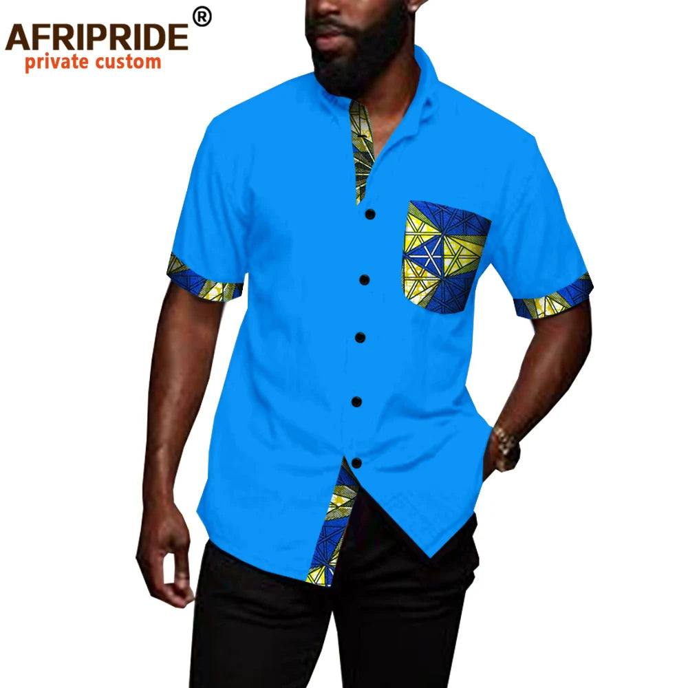 African Shirts for Men Denim Thin Shirt Short Sleeve Pockets Slim Slight Elastic Jeans Cowboy Shirt Clothing Crop Top A2012006