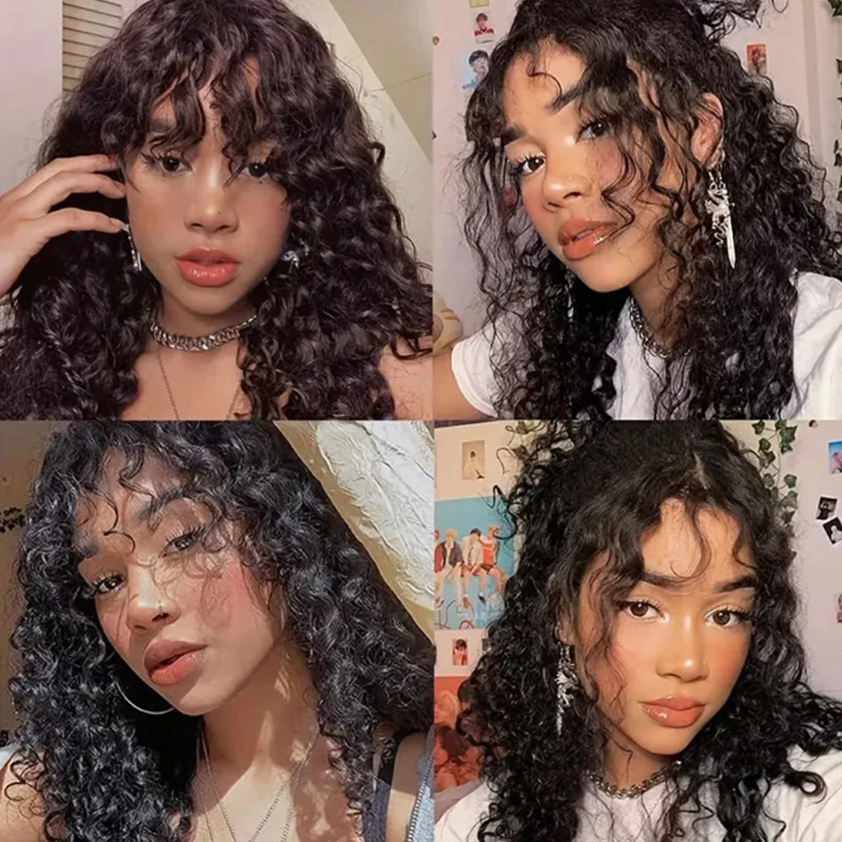 Water Wave Brazilian Human Hair Wig With Bangs Wear And Go Full Machine Made Wigs for Black Women Deep Wave Curly Wigs Glueless